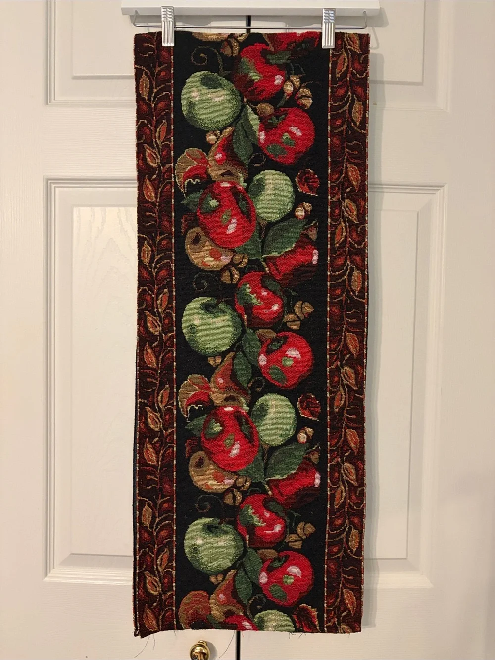 Vintage Tapestry Table Black Runner with Red and Green Apple Motif 64x12.5 EUC